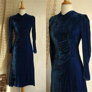Vintage 1930s Dress, Royal Blue Silk Velvet with side Gathers
